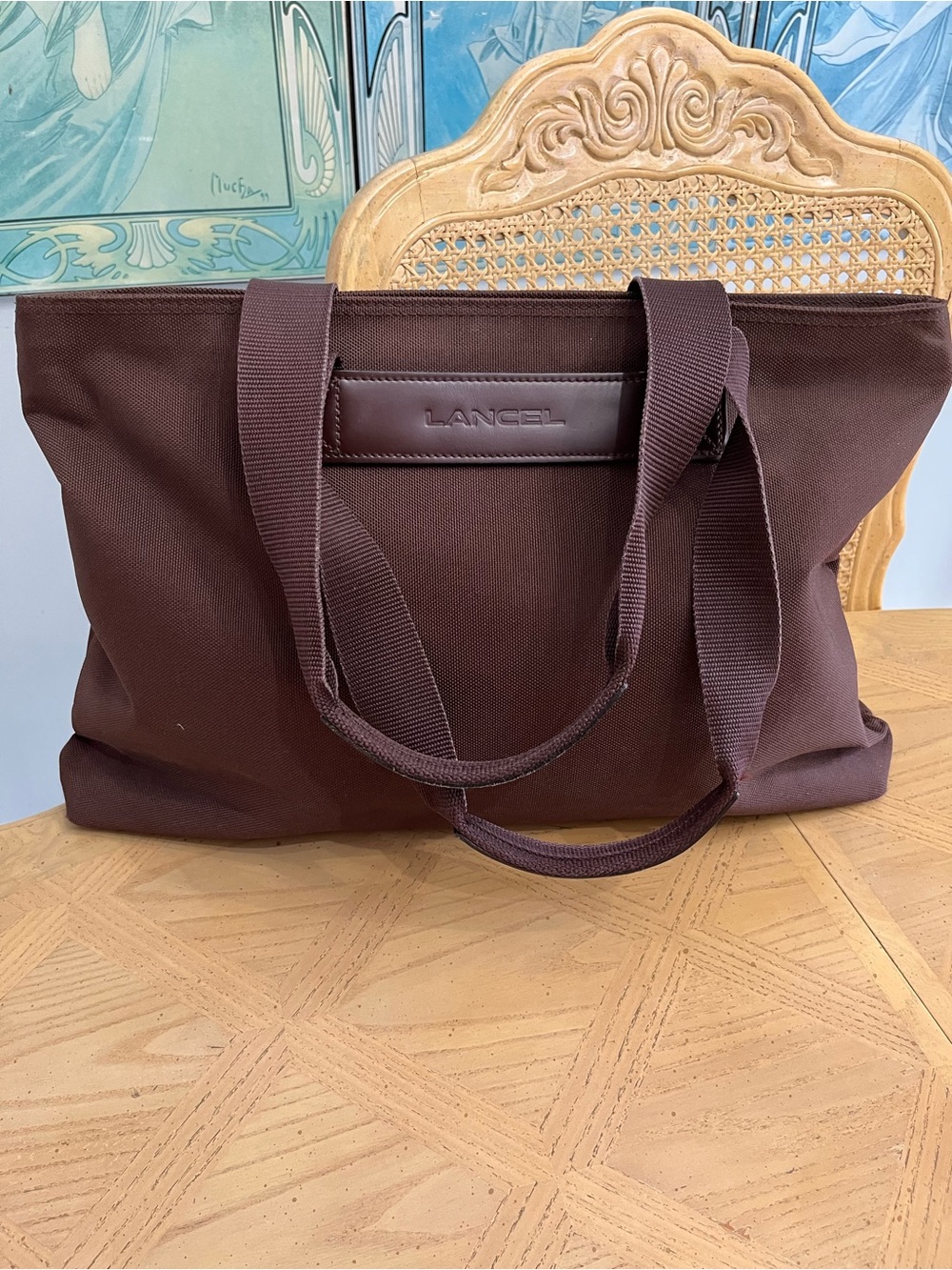 Lancel Large Brown Canvas, Leather Zipped Tote Bag